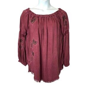 Standard Grace Butterfly Embroidered Boho Top  Size XL  Poet Sleeves Frayed Hem